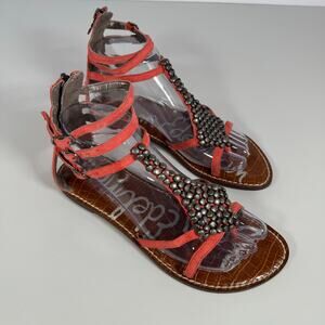 Sam Edelman Ginger Beaded Gladiator Sandals Red Orange Leather Women Size 7.5